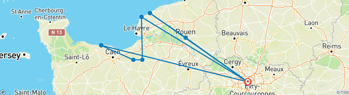 Image of a map showing the route of the tour