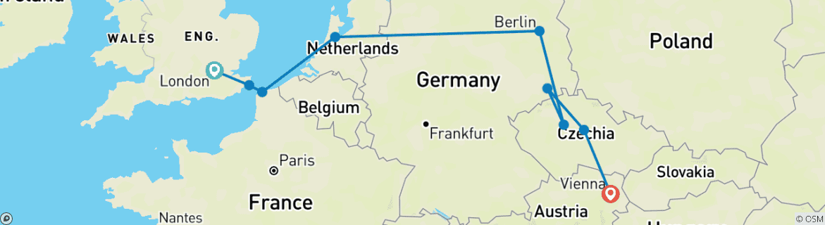 Image of a map showing the route of the tour