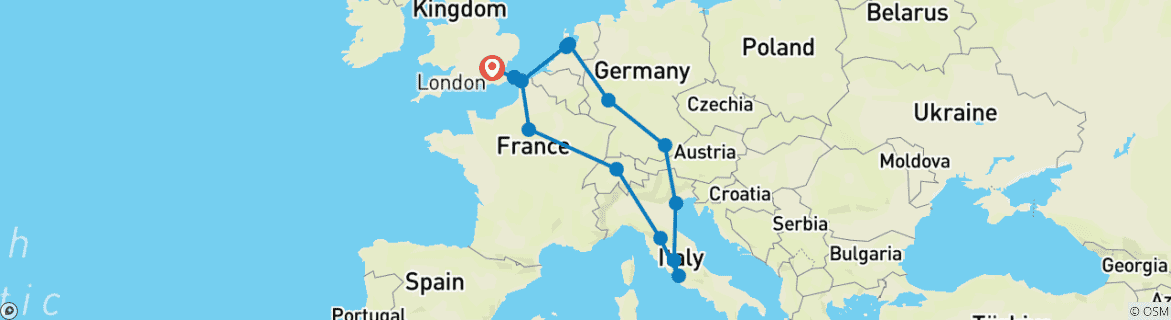 Image of a map showing the route of the tour