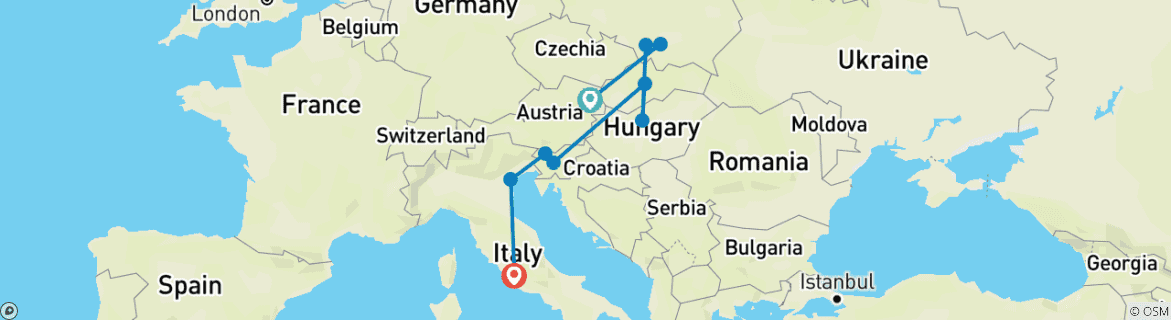 Image of a map showing the route of the tour