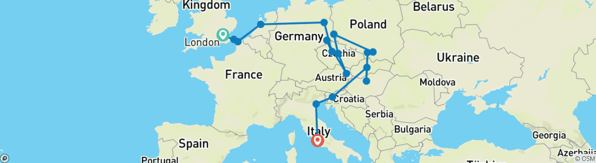 Image of a map showing the route of the tour