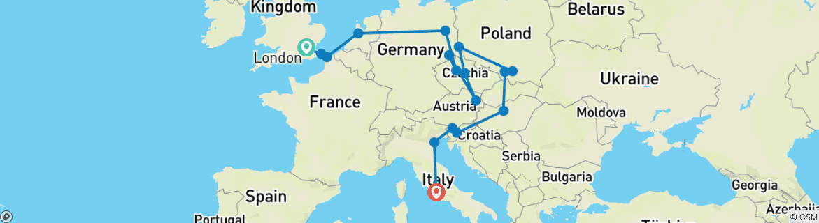 Image of a map showing the route of the tour