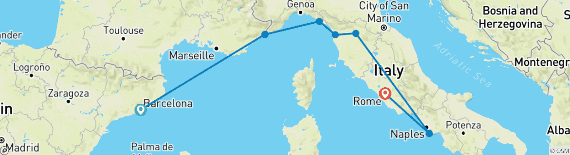 Image of a map showing the route of the tour