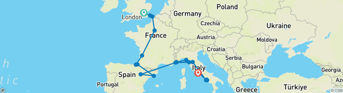 Image of a map showing the route of the tour