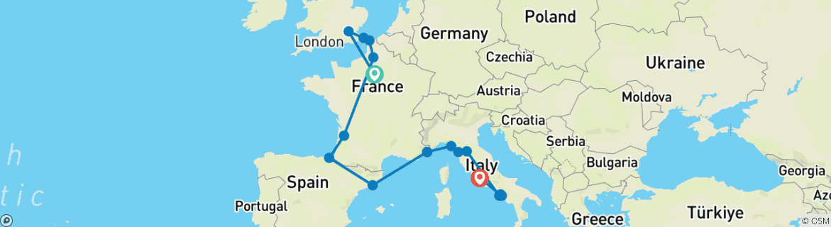 Image of a map showing the route of the tour