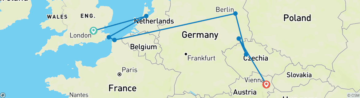 Image of a map showing the route of the tour
