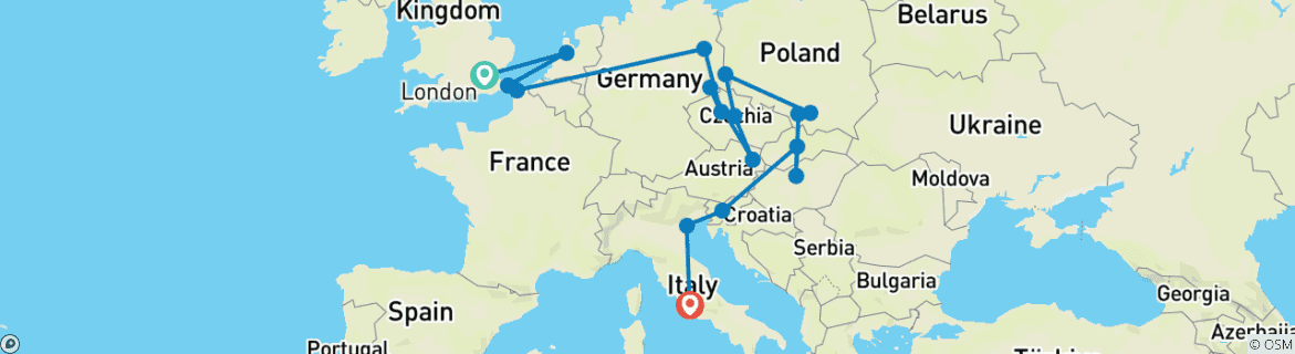 Image of a map showing the route of the tour
