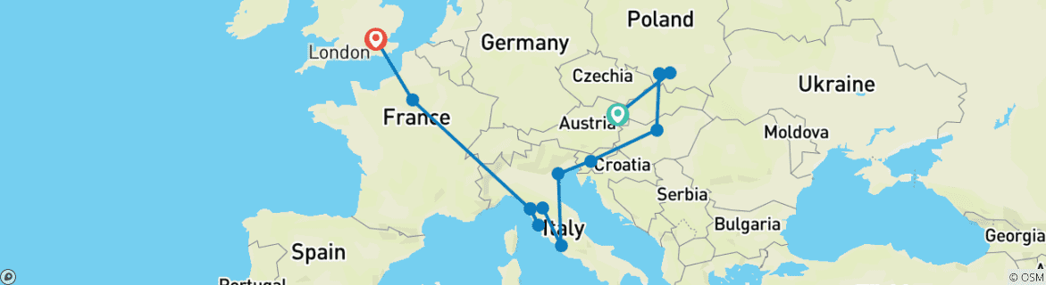 Image of a map showing the route of the tour