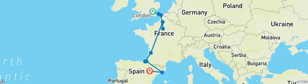 Image of a map showing the route of the tour