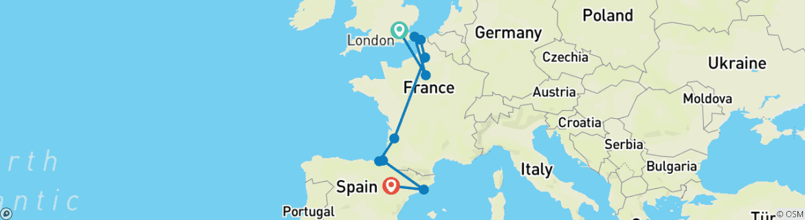 Image of a map showing the route of the tour