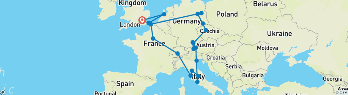 Image of a map showing the route of the tour