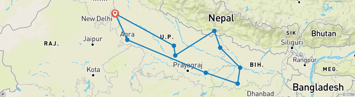 Image of a map showing the route of the tour
