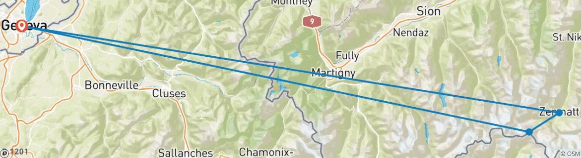 Image of a map showing the route of the tour