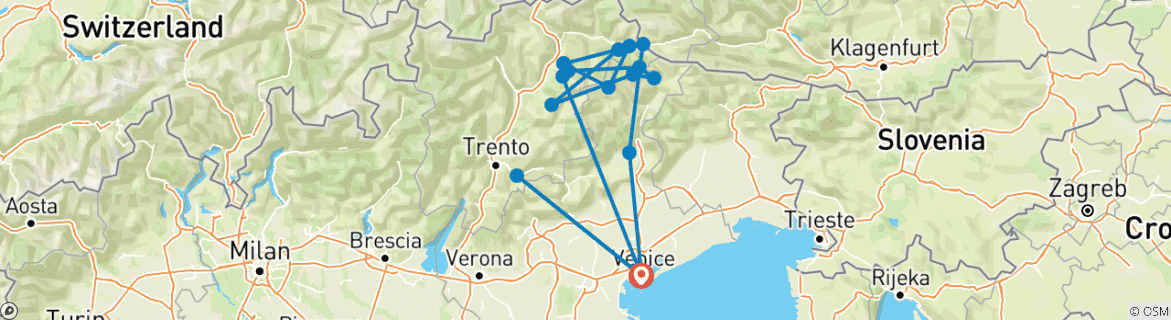 Image of a map showing the route of the tour
