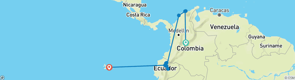 Image of a map showing the route of the tour