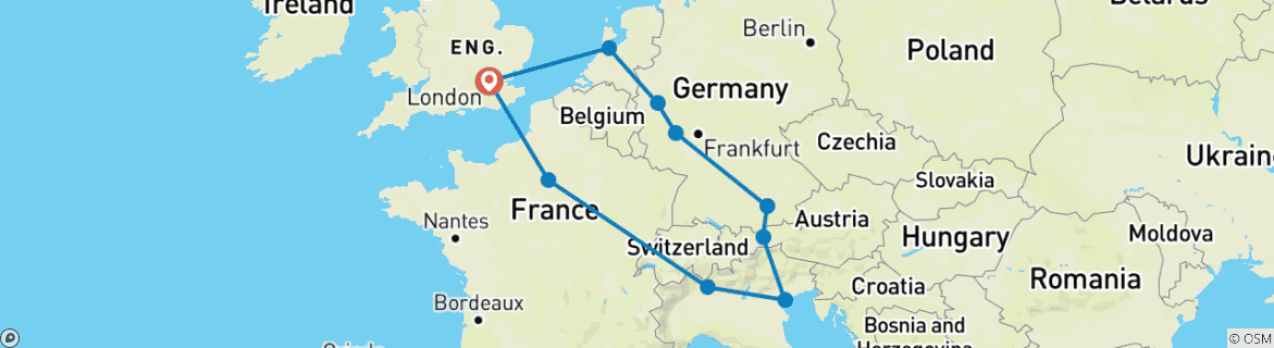 Image of a map showing the route of the tour