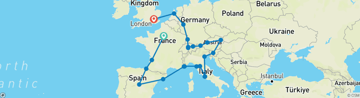 Image of a map showing the route of the tour