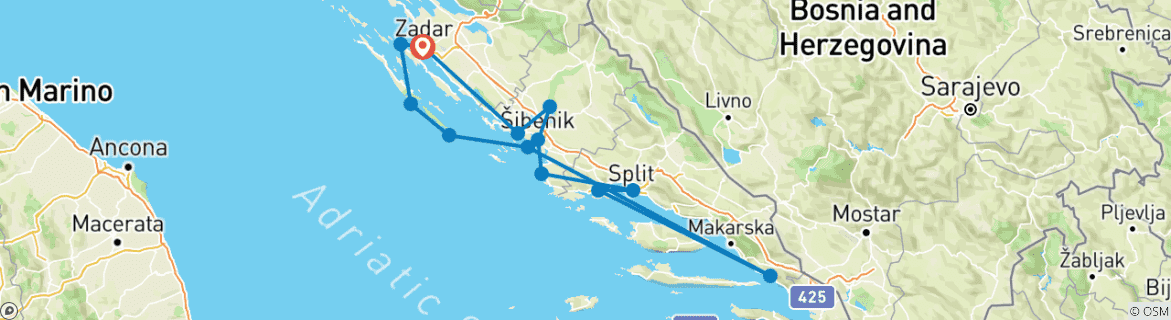 Image of a map showing the route of the tour
