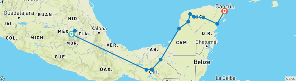 Image of a map showing the route of the tour