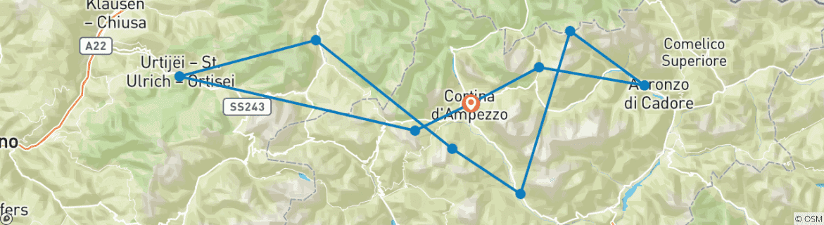 Image of a map showing the route of the tour