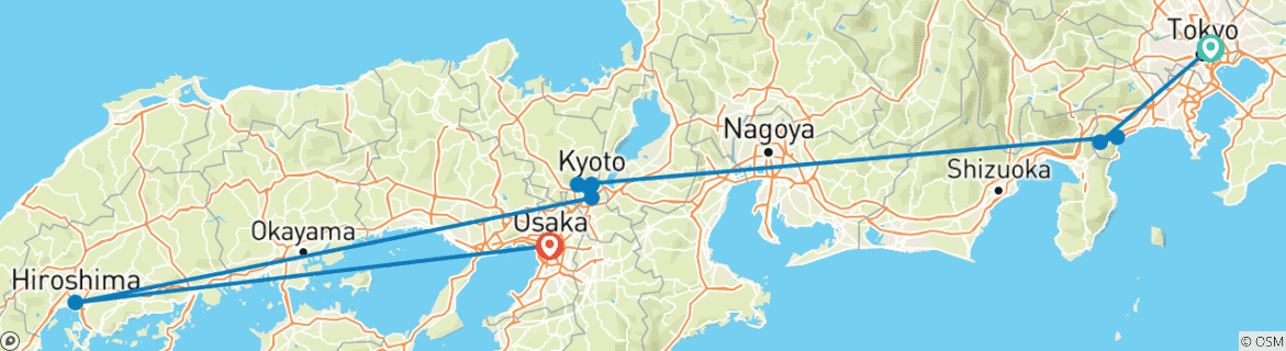 Image of a map showing the route of the tour