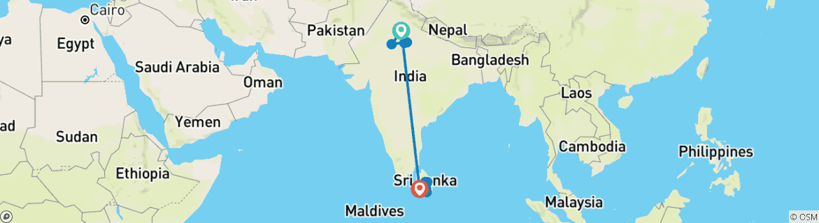Karte von Indien Sri Lanka Tour