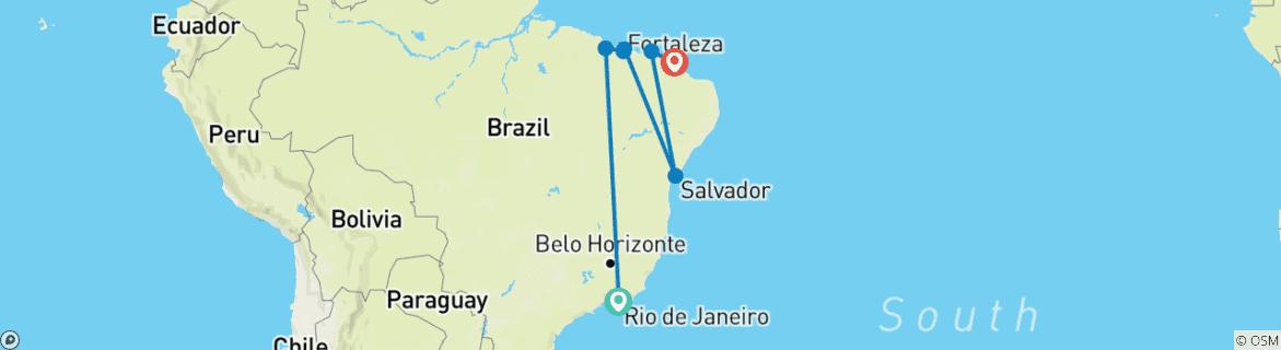 Image of a map showing the route of the tour