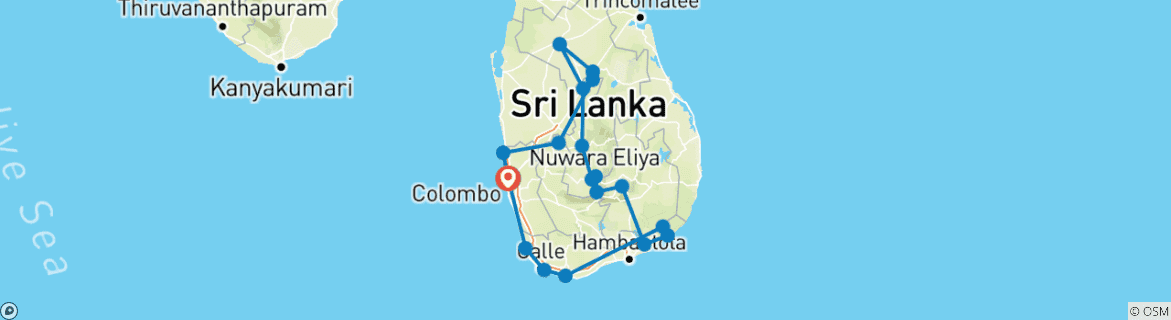 Image of a map showing the route of the tour