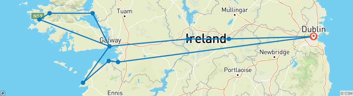 Image of a map showing the route of the tour