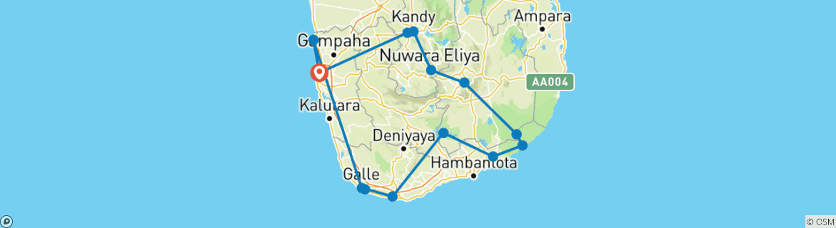 Image of a map showing the route of the tour