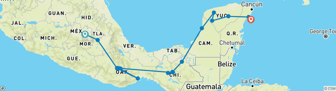 Image of a map showing the route of the tour