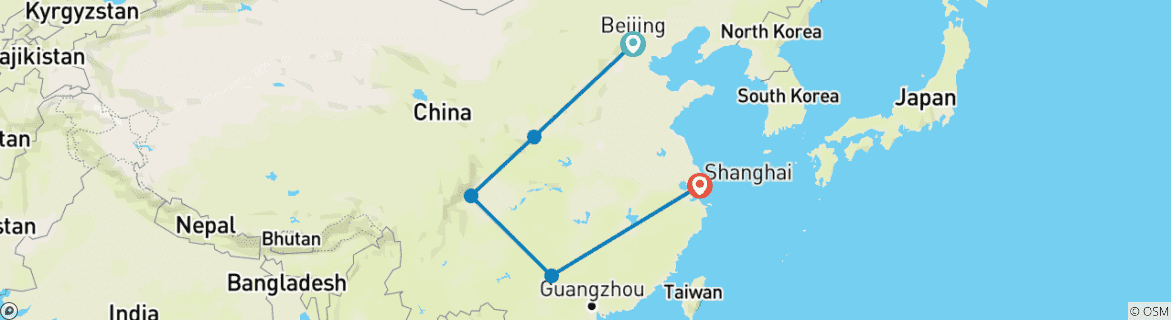 Image of a map showing the route of the tour