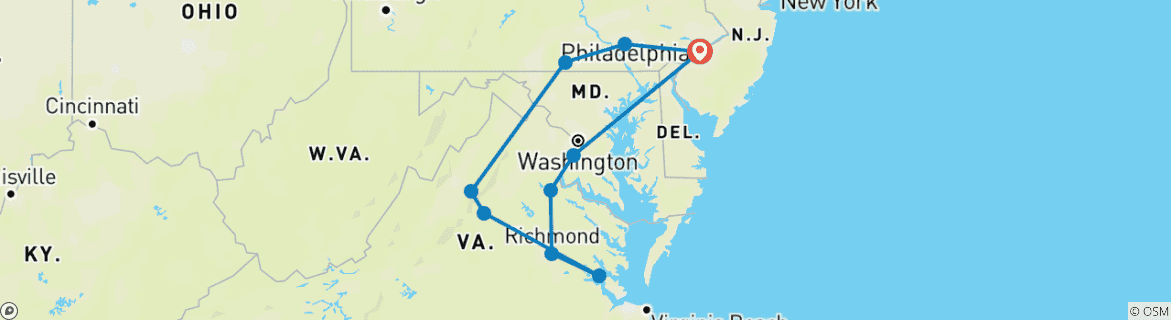 Image of a map showing the route of the tour