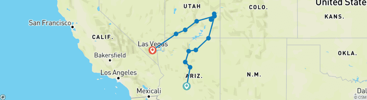 Image of a map showing the route of the tour