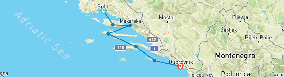 Image of a map showing the route of the tour