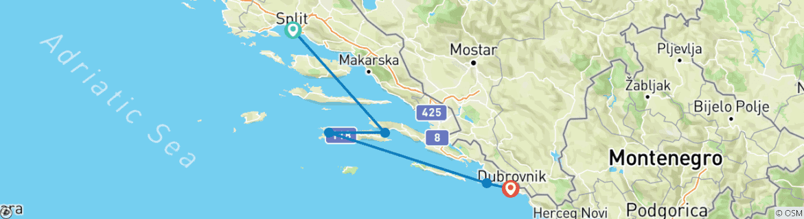 Image of a map showing the route of the tour