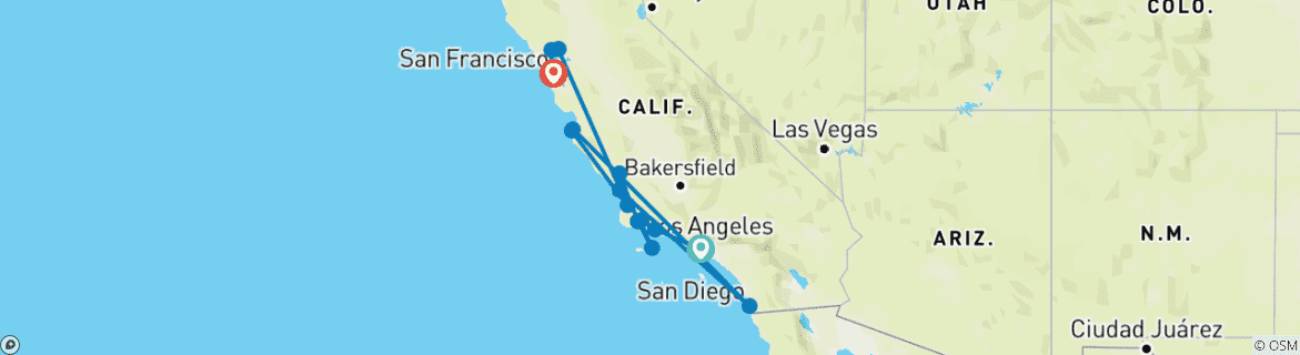 Image of a map showing the route of the tour
