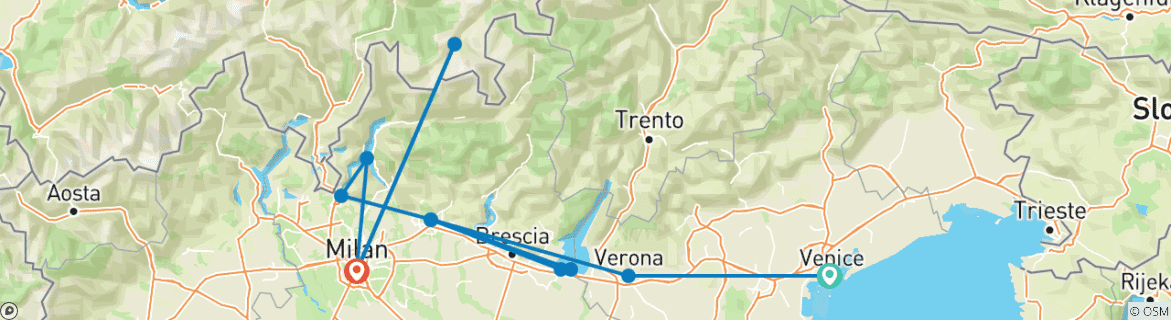 Image of a map showing the route of the tour