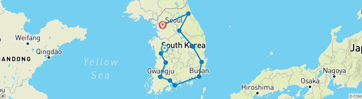 Image of a map showing the route of the tour