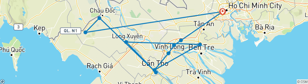Image of a map showing the route of the tour