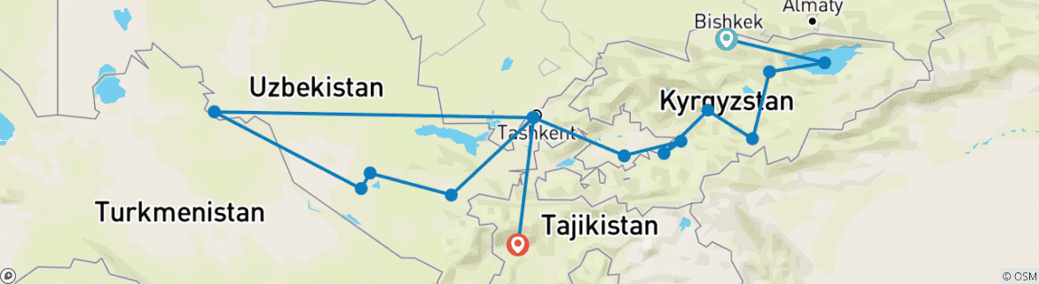Carte du circuit Aventure sur la route de la soie en Asie centrale au Kirghizstan et en Ouzbékistan (y compris les World Nomad Games)