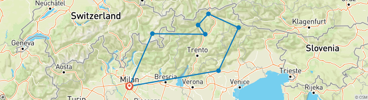 Image of a map showing the route of the tour