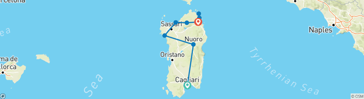 Image of a map showing the route of the tour
