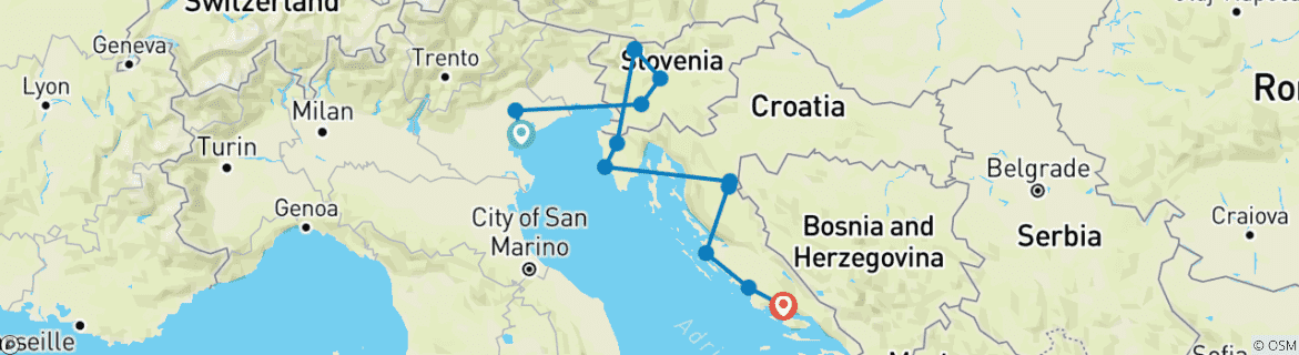 Image of a map showing the route of the tour