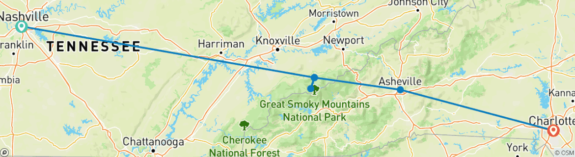 Image of a map showing the route of the tour