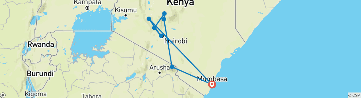 Image of a map showing the route of the tour
