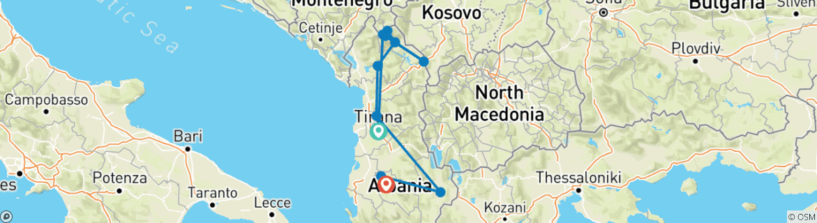 Image of a map showing the route of the tour
