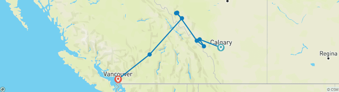 Image of a map showing the route of the tour