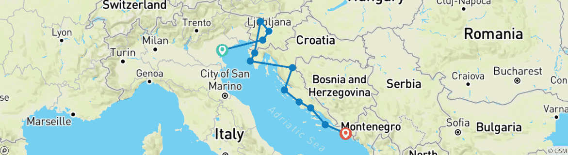 Image of a map showing the route of the tour