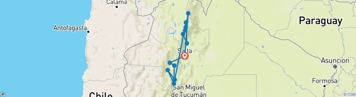 Image of a map showing the route of the tour
